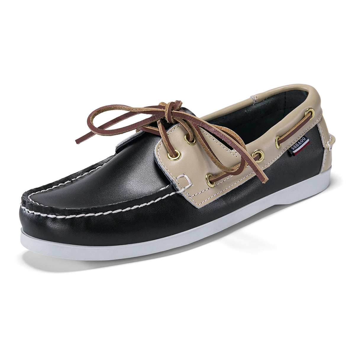 Men's leather boat shoes in black and beige, angled view