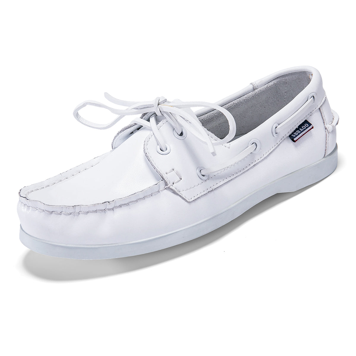 Men's leather boat shoes in white, angled view