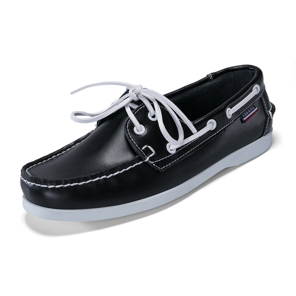 Men's leather boat shoes in black, angled view
